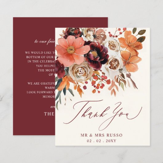 Burgundy Orange Floral Fall Wedding Thank You Card (Voorkant / Achterkant)