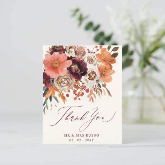 Burgundy Orange Floral Fall Wedding Thank You Card (Staand voorkant)