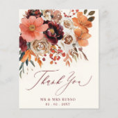 Burgundy Orange Floral Fall Wedding Thank You Card (Voorkant)