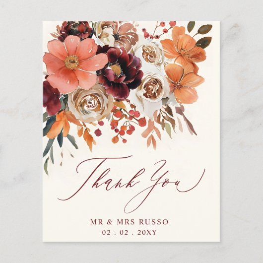 Burgundy Orange Floral Fall Wedding Thank You Card (Voorkant)
