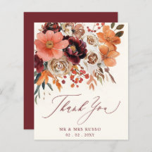 Burgundy Orange Floral Fall Wedding Thank You Card