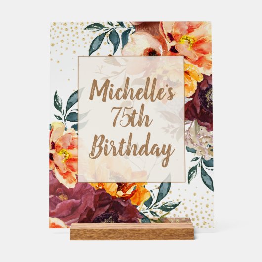 Burgundy Orange Floral Gold Birthday Acryl Bord (Voorkant)