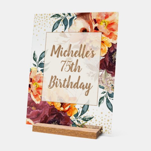 Burgundy Orange Floral Gold Birthday Acryl Bord (Hoek)