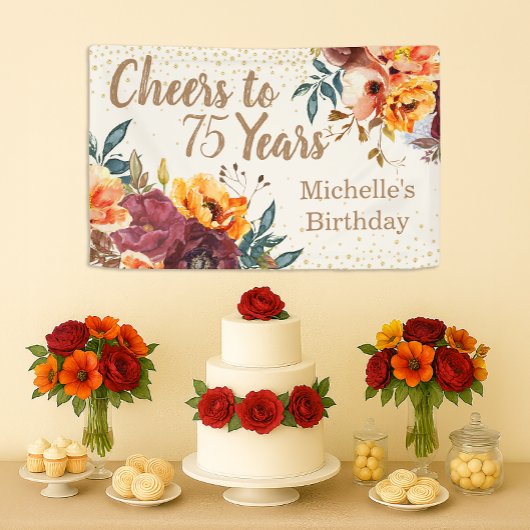 Burgundy Orange Floral Gold Cheers 75 Years Spandoek