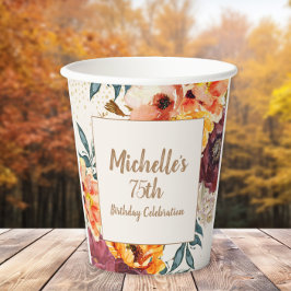 Burgundy Orange Floral Gold Glitter 75th Birthday Papieren Bekers