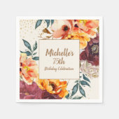 Burgundy Orange Floral Gold Glitter 75th Birthday Servet (Voorkant)