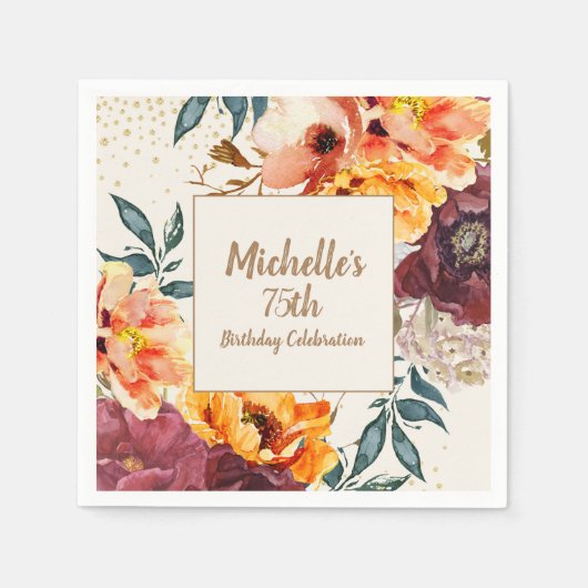Burgundy Orange Floral Gold Glitter 75th Birthday Servet (Voorkant)