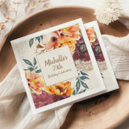 Burgundy Orange Floral Gold Glitter 75th Birthday Servet