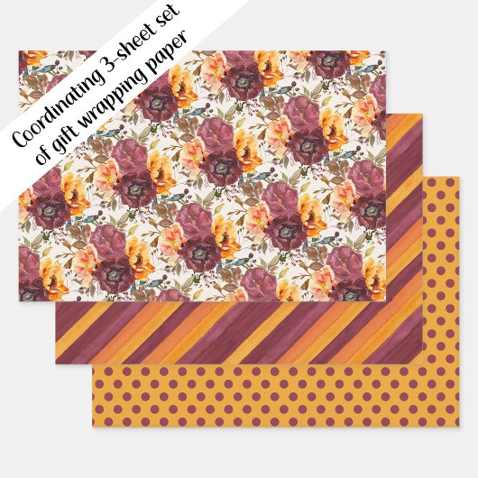 Burgundy Orange Floral Striped Polka Dots Inpakpapier Vel