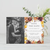 Burgundy Oranje Bloem Foto Save the Date Kaart (Staand voorkant)