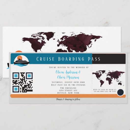 Burgundy Oranje Blue Cruise Boarding Pass Weddensc Kaart (Voorkant / Achterkant)