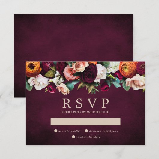 Burgundy Oranje Blush Pink Floral Wedding RSVP Kaartje (Voorkant / Achterkant)