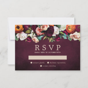 Burgundy Oranje Blush Pink Floral Wedding RSVP Kaartje