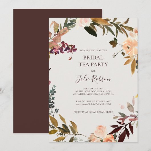 Burgundy Oranje Floral | Beige Bridal Tea Party Kaart (Voorkant / Achterkant)