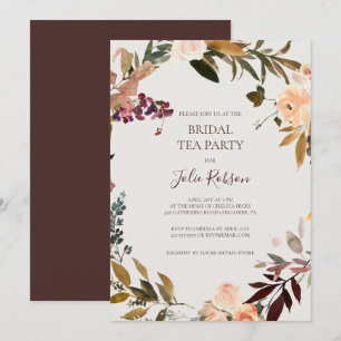 Burgundy Oranje Floral   Beige Bridal Tea Party Kaart