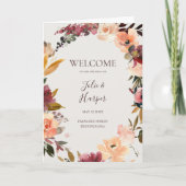 Burgundy Oranje Floral | Beige Folded Wedding Programma (Voorkant)