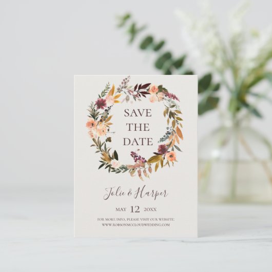 Burgundy Oranje Floral beige Save the Date Invitat Uitnodiging Briefkaart (Staand voorkant)
