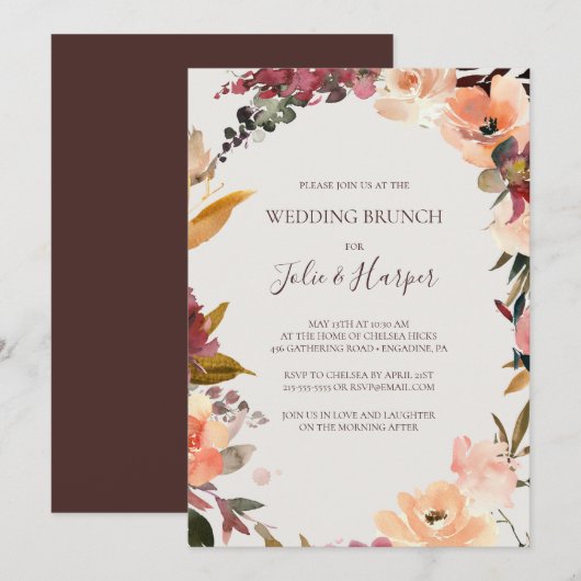 Burgundy Oranje Floral | Beige Wedding Brunch Kaart (Voorkant / Achterkant)