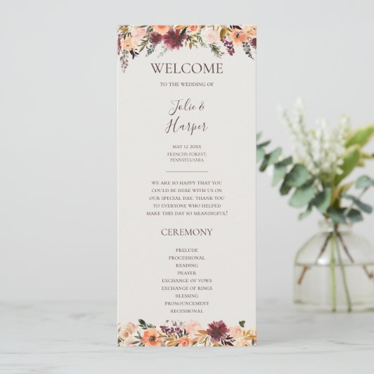 Burgundy Oranje Floral | Beige Wedding Programme Programmakaart (Staand voorkant)