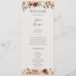 Burgundy Oranje Floral Beige Wedding Programme Programmakaart