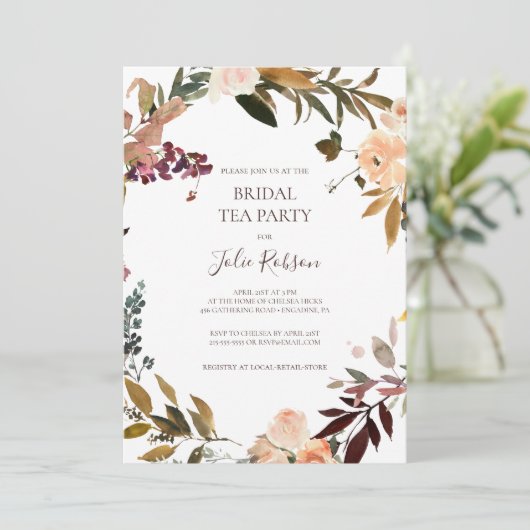 Burgundy Oranje Floral Bridal Tea Party Kaart (Staand voorkant)