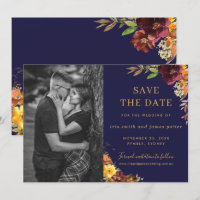 Burgundy Oranje Floral Foto Save the Date Kaart