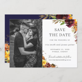 Burgundy Oranje Floral Foto Save the Date Kaart
