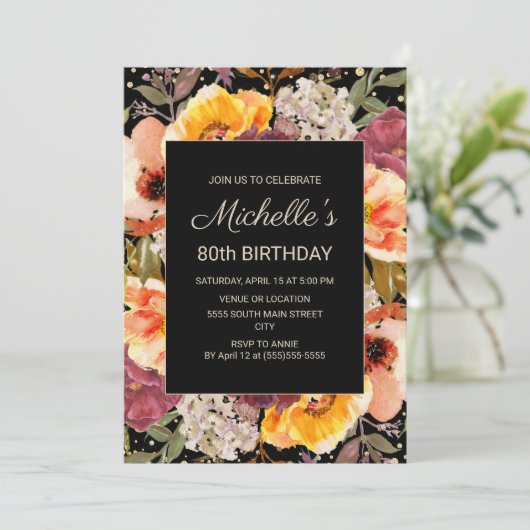 Burgundy Oranje Floral Gold Black 80th Birthday Kaart (Staand voorkant)