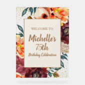 Burgundy Oranje Floral Gold Glitter 75th Birthday Acryl Bord (Voorkant)