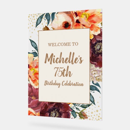 Burgundy Oranje Floral Gold Glitter 75th Birthday Acryl Bord (Hoek)