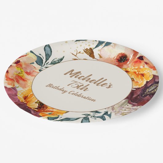 Burgundy Oranje Floral Gold Glitter 75th Birthday Papieren Bordje (Gekanteld)