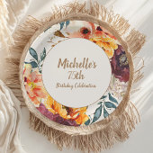 Burgundy Oranje Floral Gold Glitter 75th Birthday Papieren Bordje