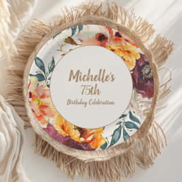 Burgundy Oranje Floral Gold Glitter 75th Birthday Papieren Bordje