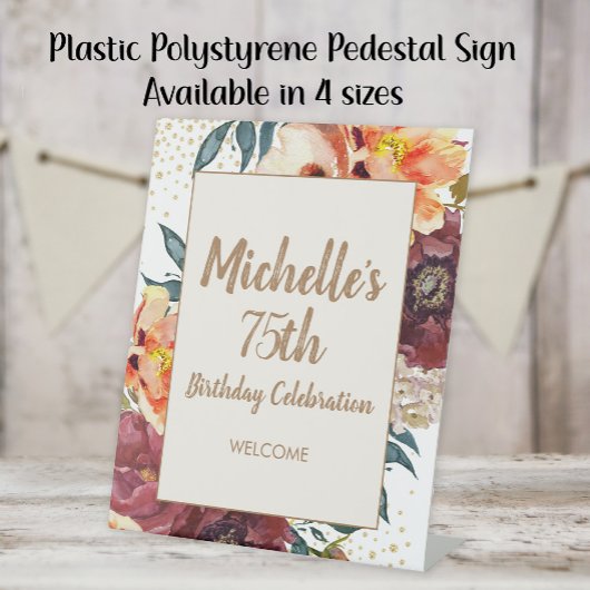 Burgundy Oranje Floral Gold Glitter 75th Birthday Reclamebord Met Voetstuk