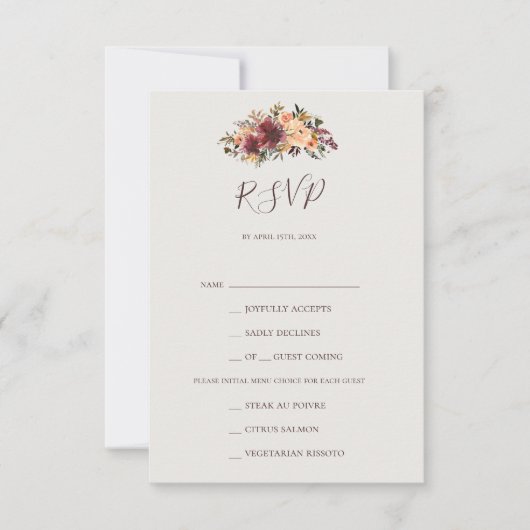 Burgundy Oranje Floral Green Menu Keuze RSVP-kaart (Voorkant)