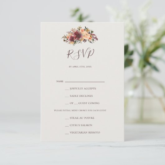 Burgundy Oranje Floral Green Menu Keuze RSVP-kaart (Staand voorkant)