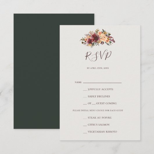 Burgundy Oranje Floral Green Menu Keuze RSVP-kaart (Voorkant / Achterkant)