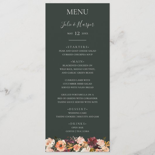Burgundy Oranje Floral | Menu Groen weddenschap (Voorkant)