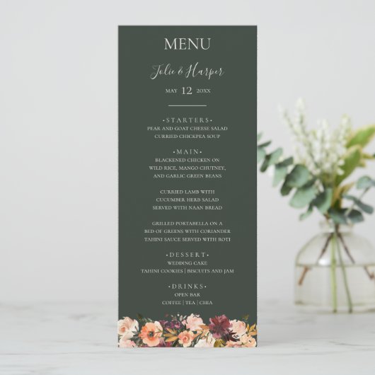 Burgundy Oranje Floral | Menu Groen weddenschap (Staand voorkant)