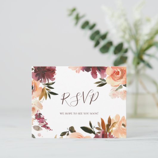 Burgundy Oranje Floral Menu Keuze RSVP-kaart (Staand voorkant)