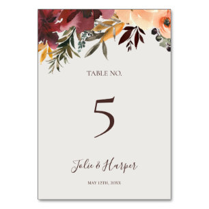 Burgundy Oranje Floral Nummer beige tabel Kaart