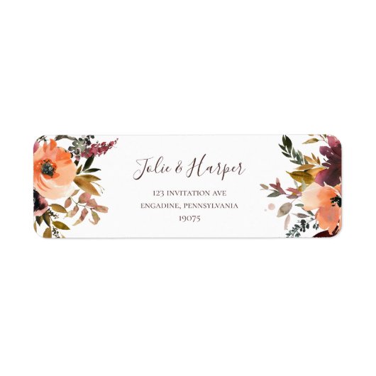 Burgundy Oranje Floral Return Address Label (Voorkant)