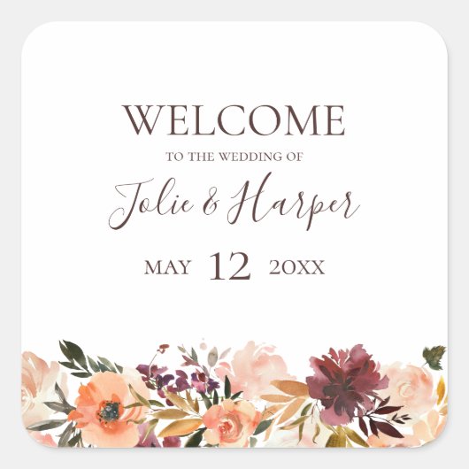 Burgundy Oranje Floral Wedding Welkom Vierkante Sticker (Voorkant)