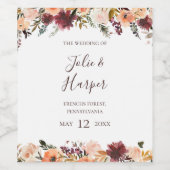 Burgundy Oranje Floral Wedding Wine Label Wijn Etiket (Enkel label)