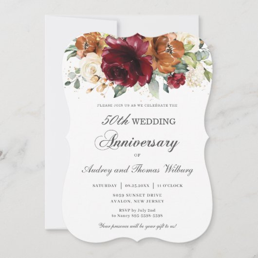 Burgundy Oranje Ivory Floral Wedding Jubileum Kaart (Voorkant)