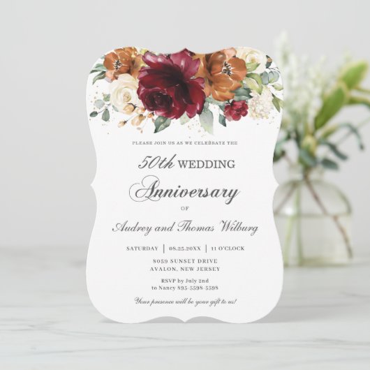 Burgundy Oranje Ivory Floral Wedding Jubileum Kaart (Staand voorkant)