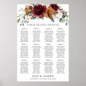Burgundy Oranje Ivory Floral Wedding Seating Chart Poster (Voorkant)