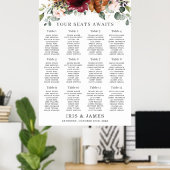 Burgundy Oranje Ivory Floral Wedding Seating Chart Poster (Thuiskantoor)