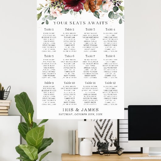 Burgundy Oranje Ivory Floral Wedding Seating Chart Poster (Thuiskantoor)