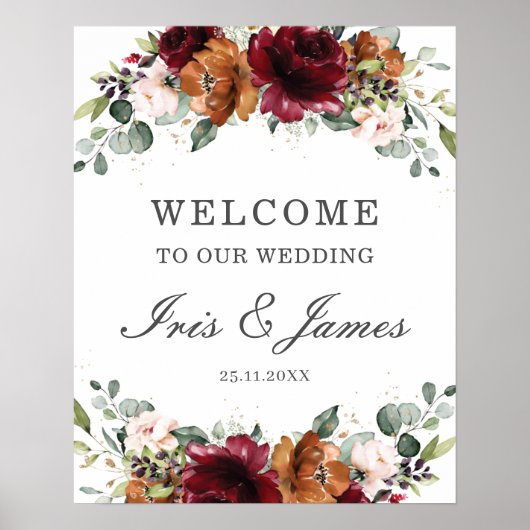 Burgundy Oranje Ivory Floral Wedding Welcome Sign Poster (Voorkant)